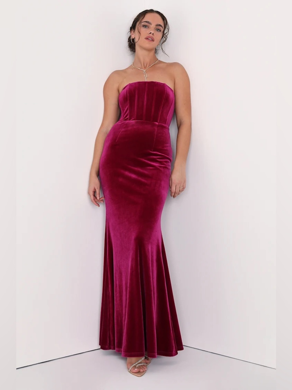 Lulus Strapless Velvet Mermaid Gown in Deep Wine Burgundy